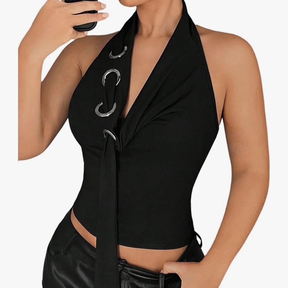 Black Metal Ring Drape Front Deep V Neck Sexy Halter Top Open Back Top